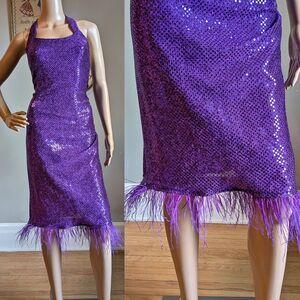 Vintage 90s Gunne Sax Sequin Midi Dress Purple Ostrich Feathers Siren Size 5/6